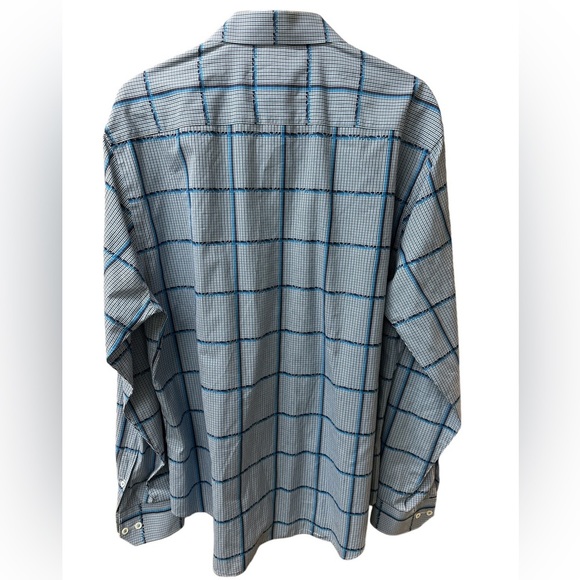 Bugatchi Uomo Blue Black White Square Long Sleeve Flip Cuffs Shirt Shaped Fit L - Picture 2 of 5